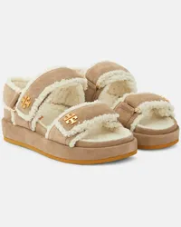 Tory Burch Sandalen Kira aus Veloursleder mit Faux Fur Beige