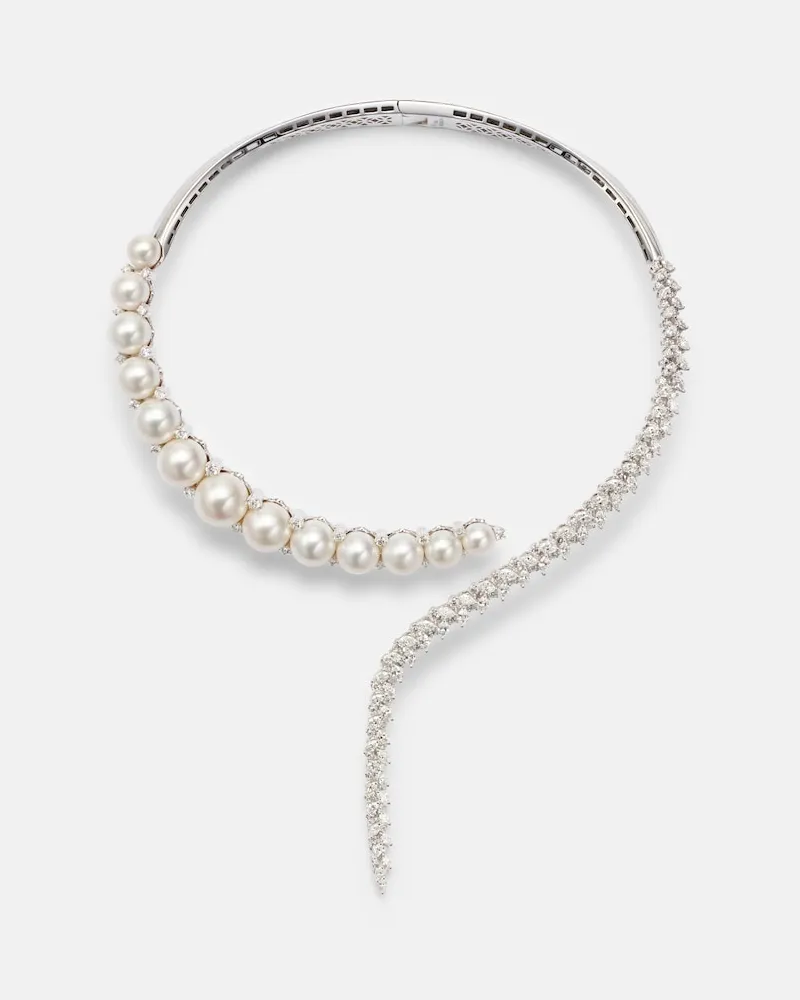 YEPREM Halskette Pearlescent aus 18kt Weißgold mit Diamanten und Süßwasserperlen Silber