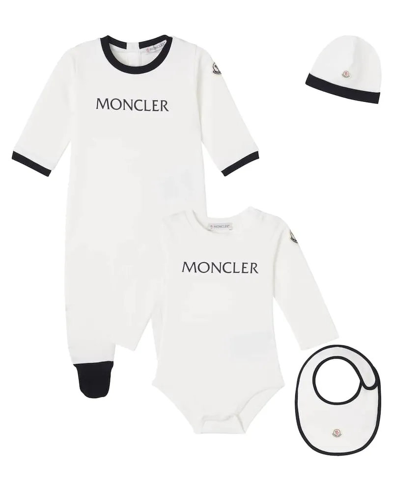 Moncler Baby Set aus Strampler, Body, Lätzchen und Mütze Weiß
