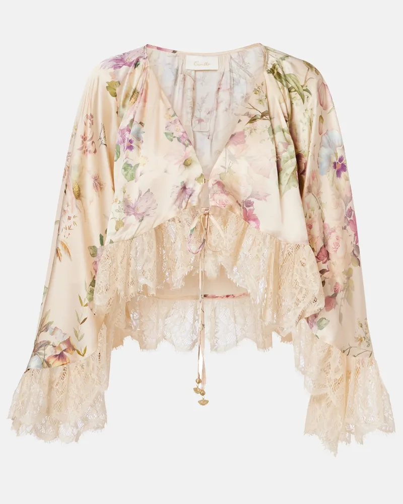 Camilla Cropped-Top aus Seide mit Spitze Multicolor