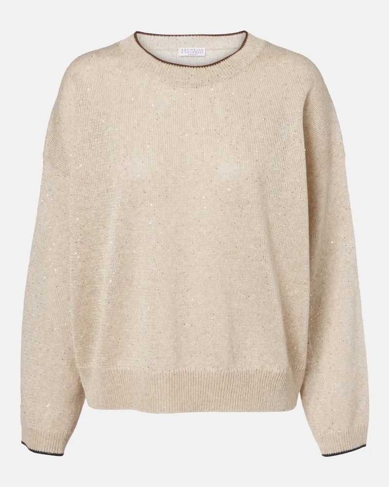 Brunello Cucinelli Pullover aus einem Leinengemisch mit Pailletten Beige