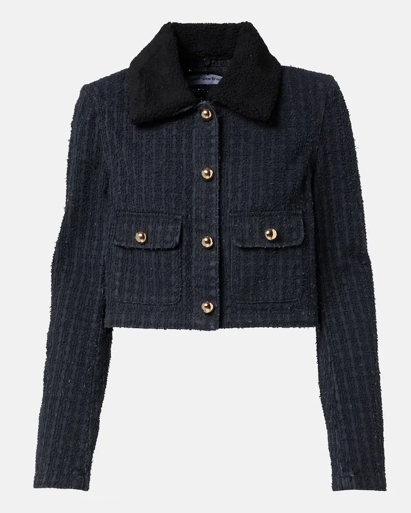 Self-Portrait Cropped-Jacke aus Denim mit Shearling Grau