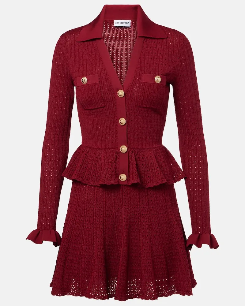 Self-Portrait Minikleid aus Pointelle-Strick Burgunderrot