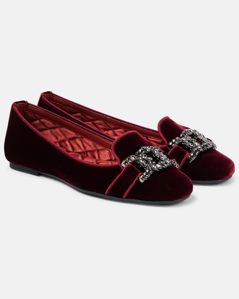 TOD'S Ballerinas Kate aus Samt mit Kristallen Burgunderrot