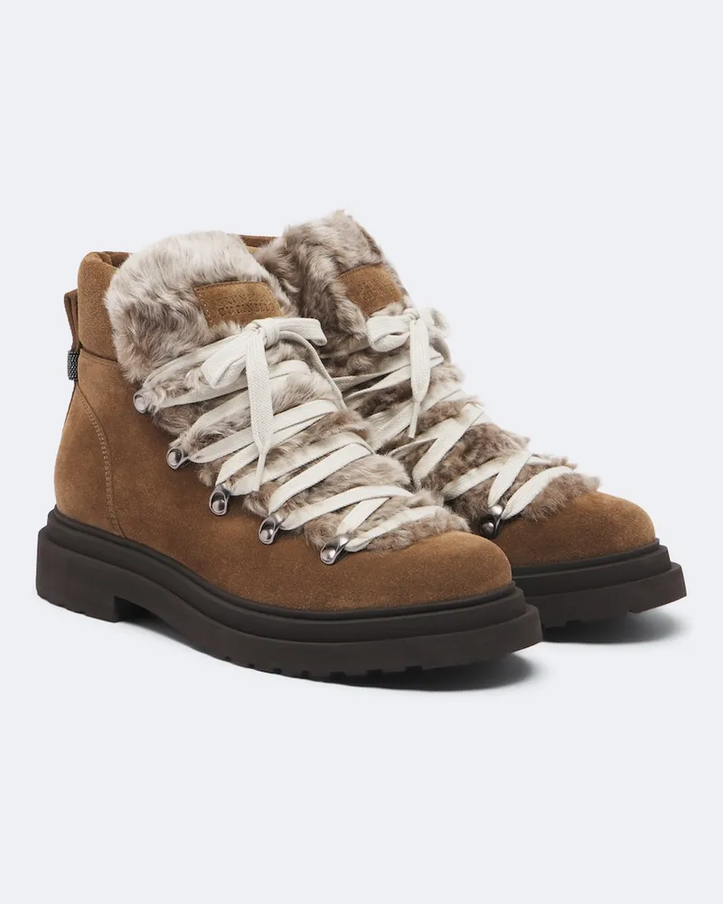 Brunello Cucinelli Schnürstiefel Monili aus Veloursleder mit Shearling Braun