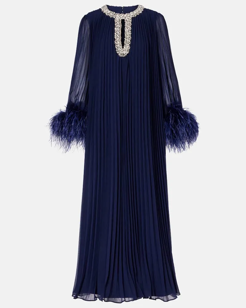 Self-Portrait Verziertes Maxikleid aus Chiffon mit Federn Blau