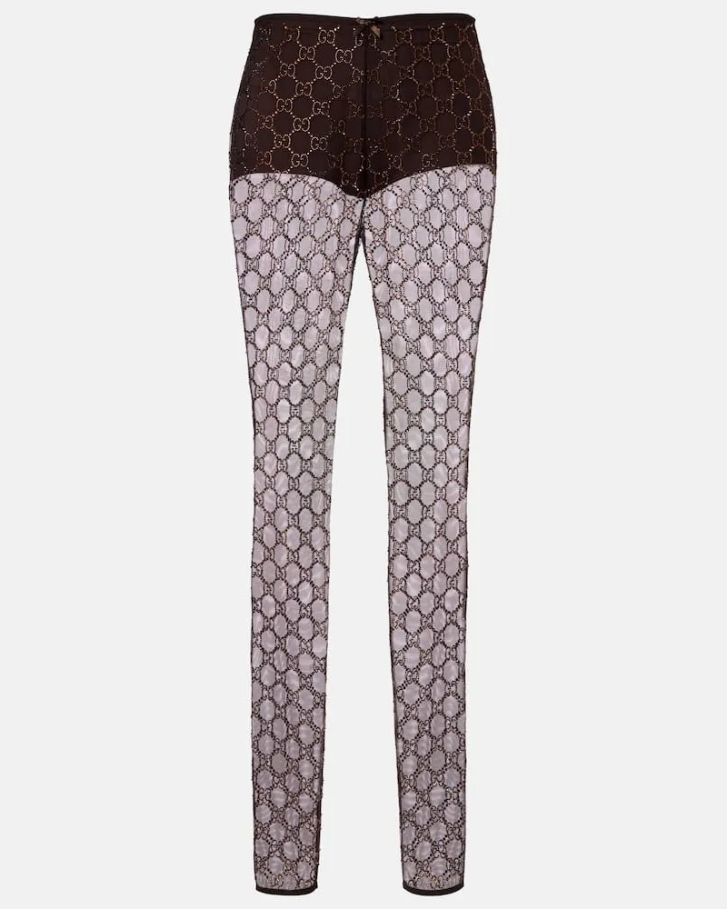 Gucci Leggings GG Crystal aus Tüll Braun