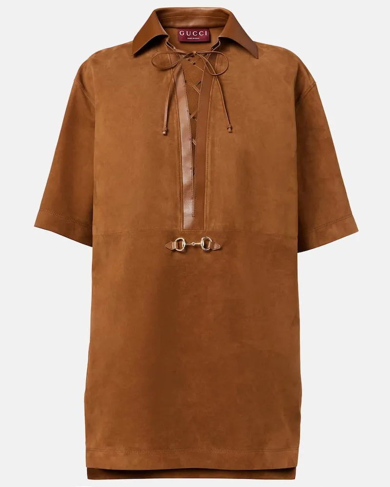 Gucci Minikleid Horsebit aus Veloursleder mit Leder Braun