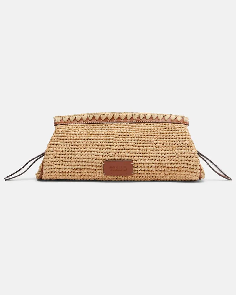 STAUD Clutch Maude aus Raffiabast mit Leder Beige