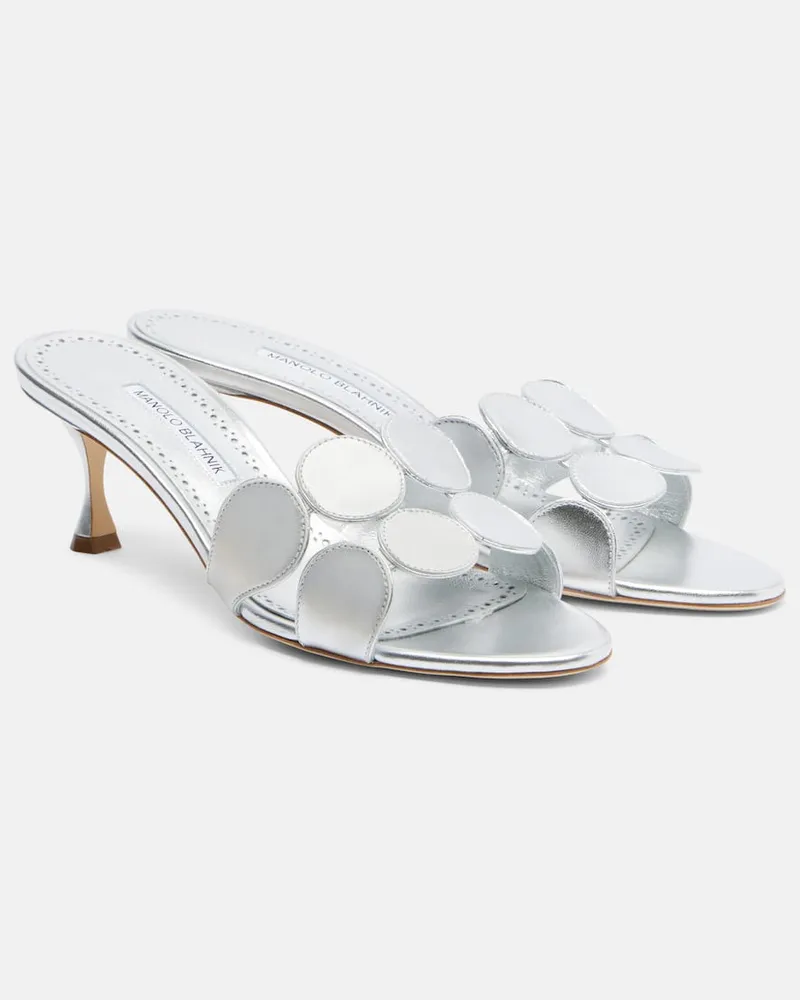 Manolo Blahnik Pantoletten Haribalmu 50 aus Metallic-Leder Silber