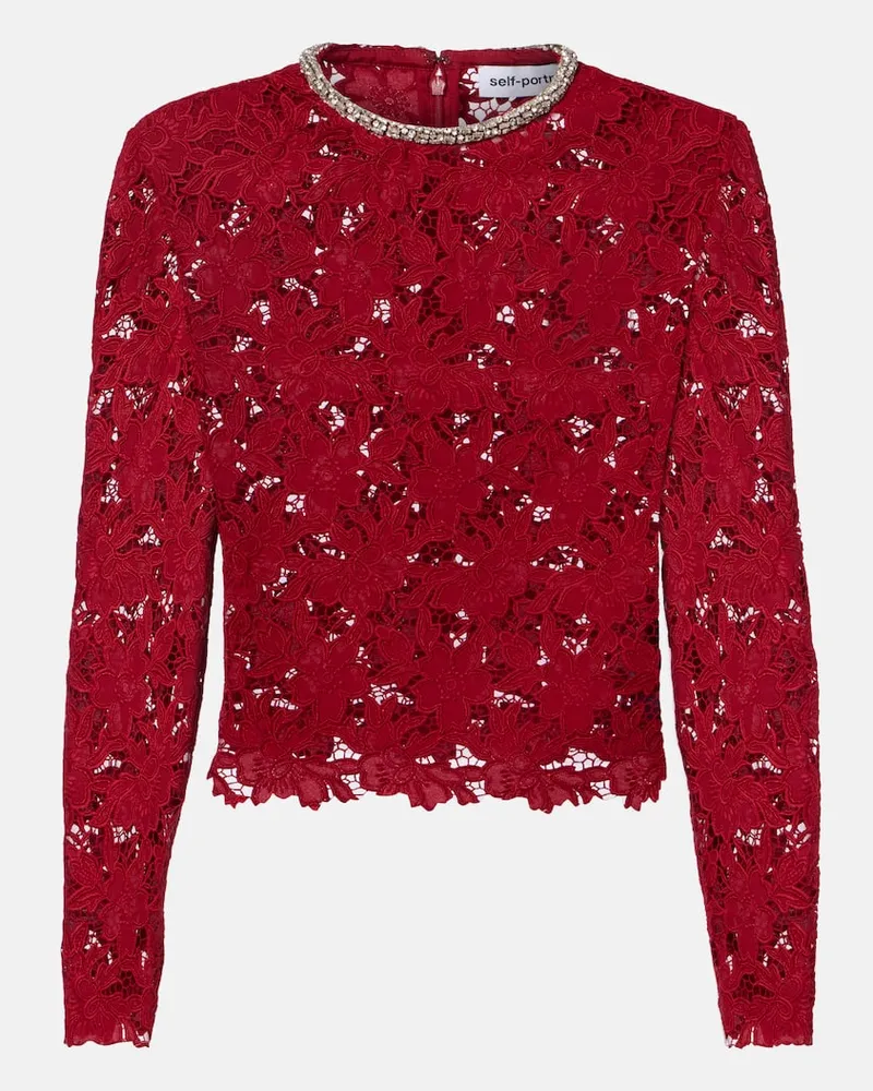 Self-Portrait Top aus Guipure-Spitze mit Kristallen Rot