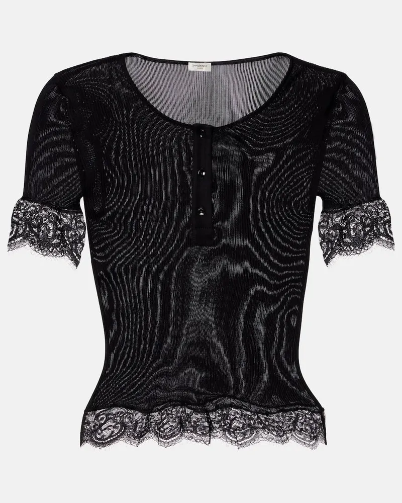 Saint Laurent Top aus Seiden-Jersey mit Spitze Schwarz