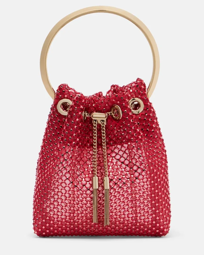 Jimmy Choo Verzierte Bucket Bag Bon Bon Small aus Satin Rot