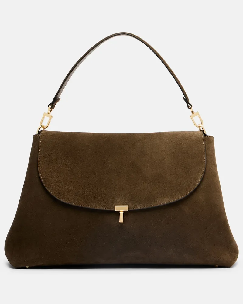 Totême Schultertasche T-Lock aus Veloursleder Beige