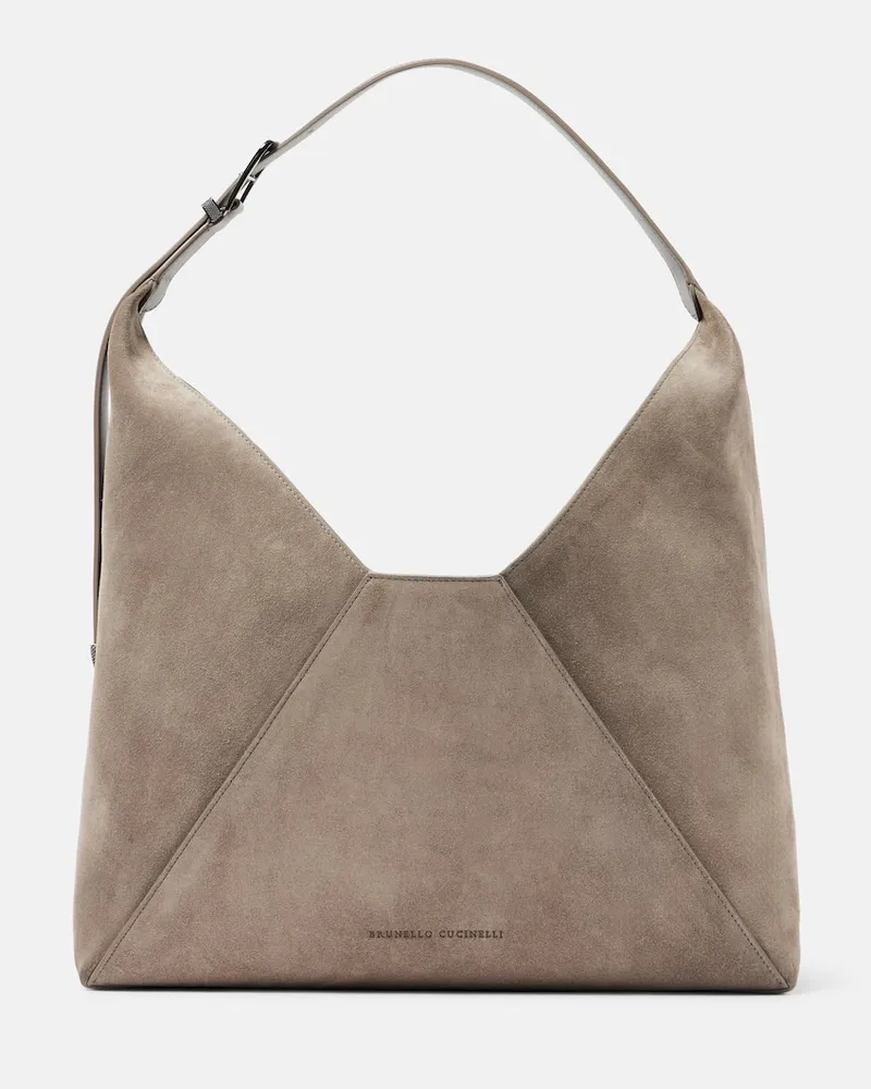 Brunello Cucinelli Schultertasche BC Duo aus Veloursleder Grau