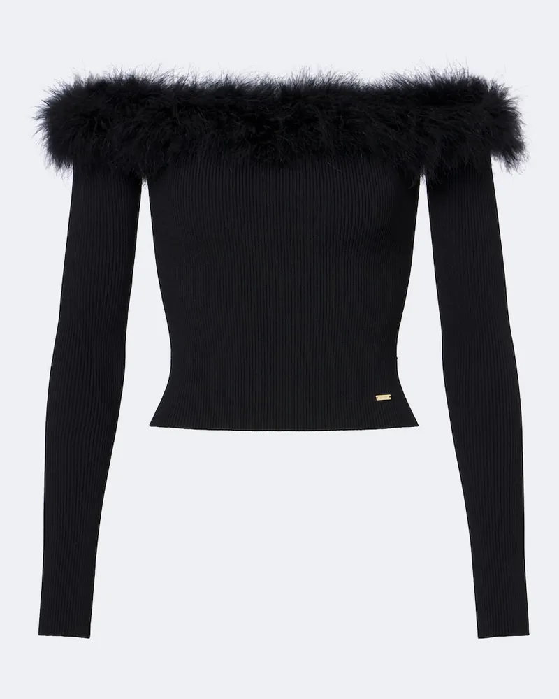 Gucci Off-Shoulder-Top aus Rippstrick mit Federn Schwarz