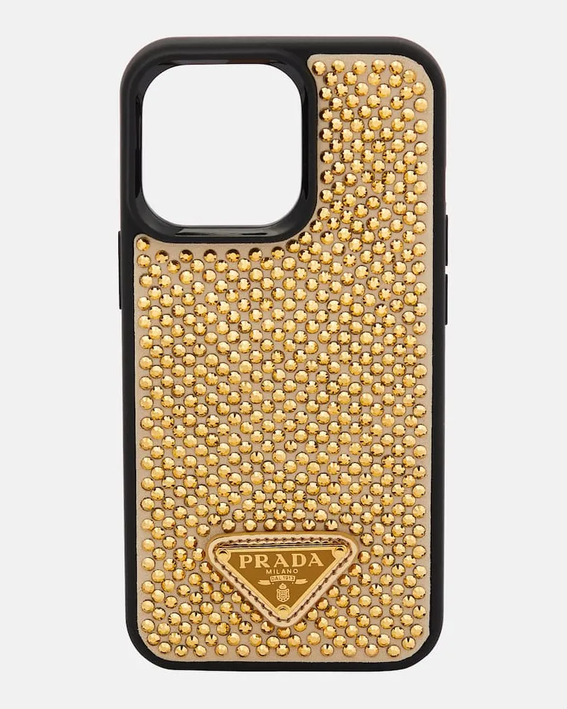 Prada Hülle für iPhone 13 Pro aus Leder mit Kristallen Gold