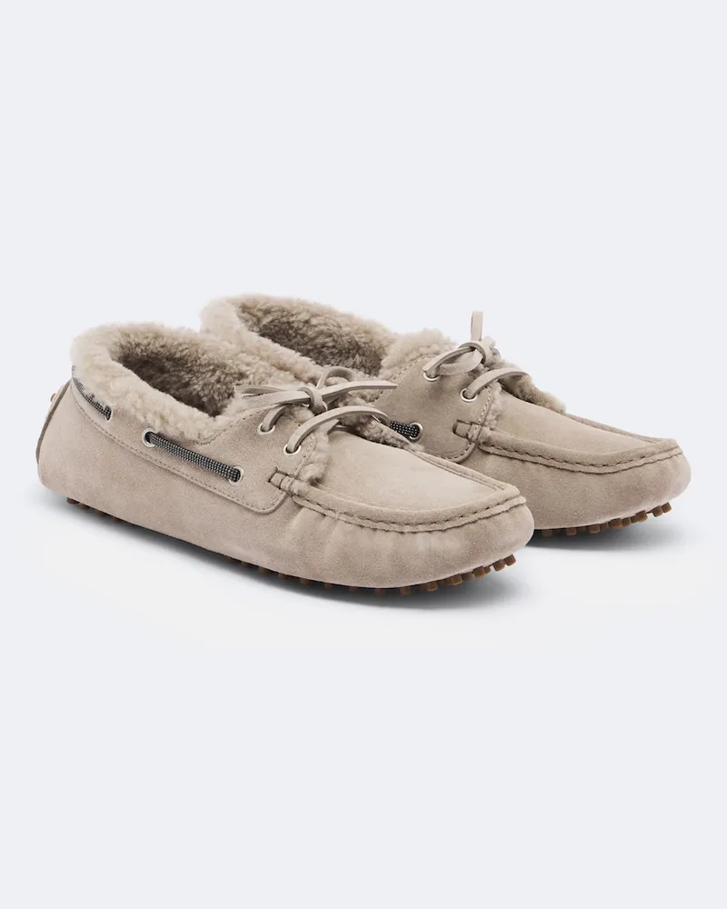 Brunello Cucinelli Segelschuhe Monili aus Veloursleder mit Shearling Beige