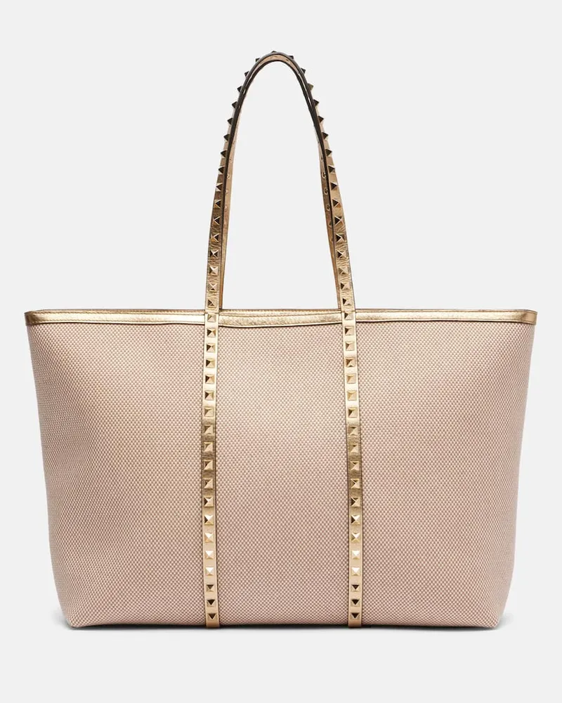 Valentino Garavani Tote Bag Rockstud Large aus Leder und Canvas Beige
