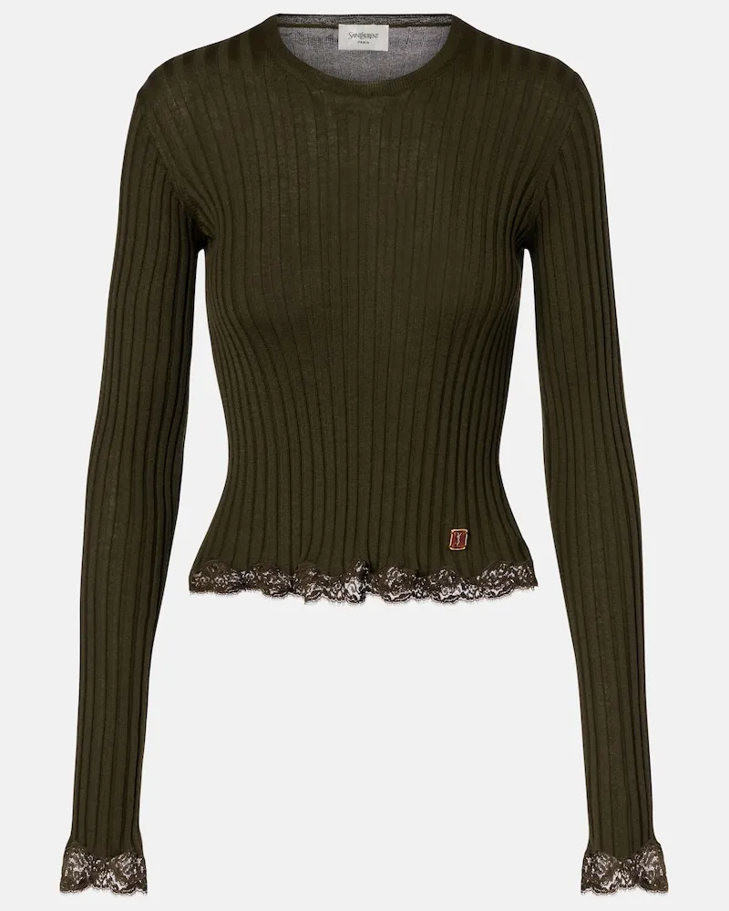 Saint Laurent Top aus Wolle, Kaschmir und Seide mit Spitze Grün