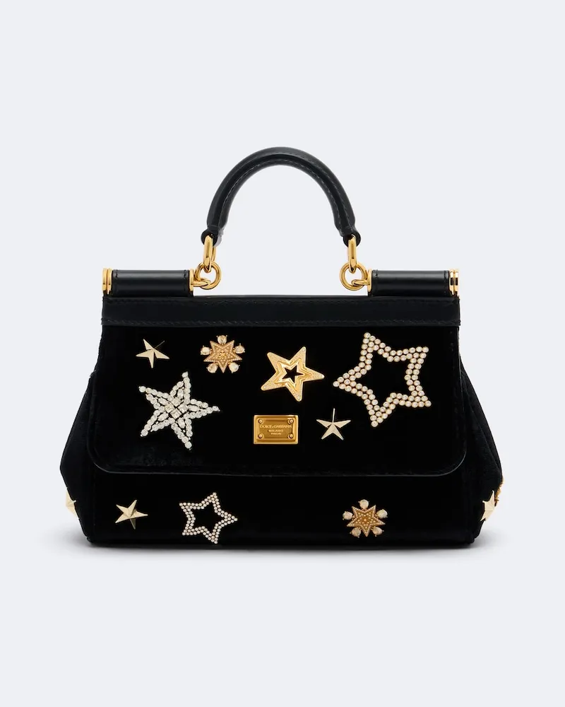 Dolce & Gabbana Verzierte Henkeltasche Sicily Small aus Samt Schwarz