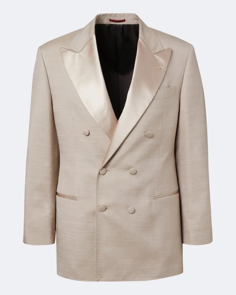 Brunello Cucinelli Zweireihiger Blazer aus Seide mit Satin Beige