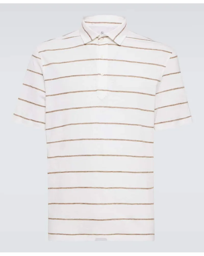 Brunello Cucinelli Polohemd aus Leinen und Baumwolle Weiss