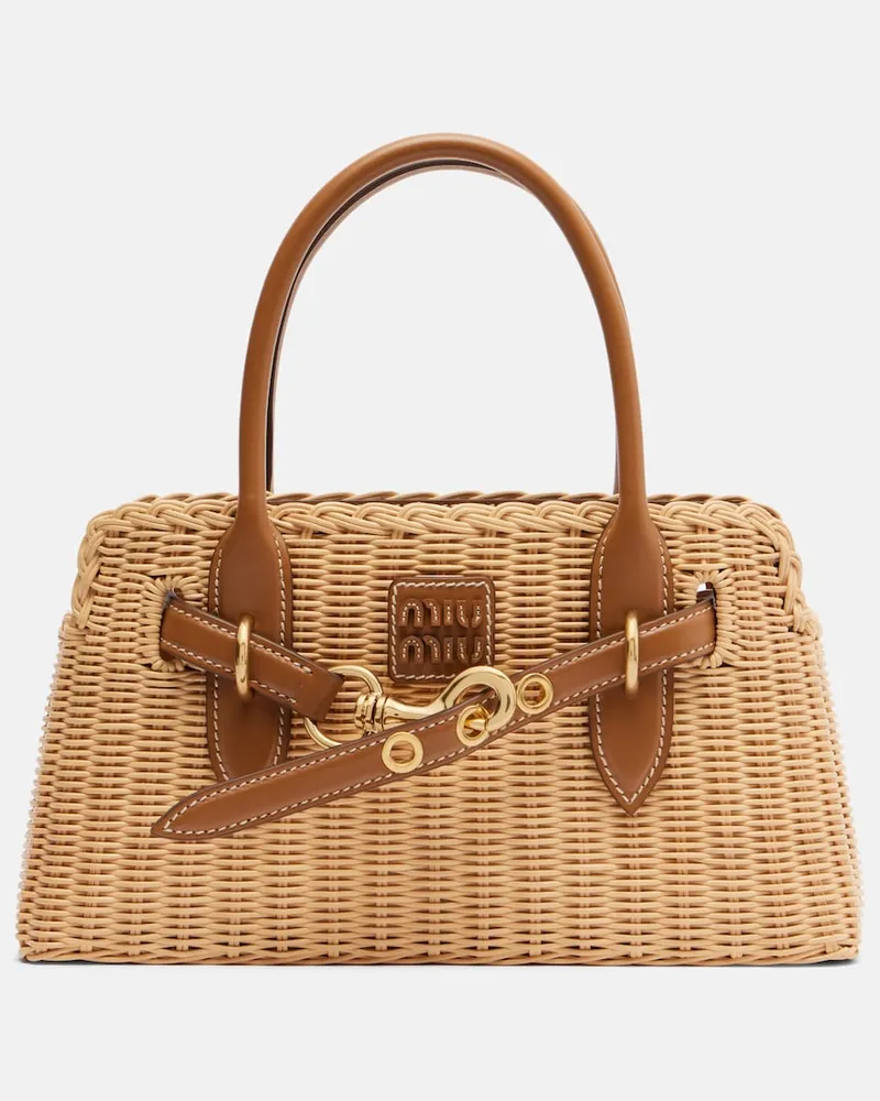 Miu Miu Aventure Tasche aus Raffiabast mit Lederbesatz Beige
