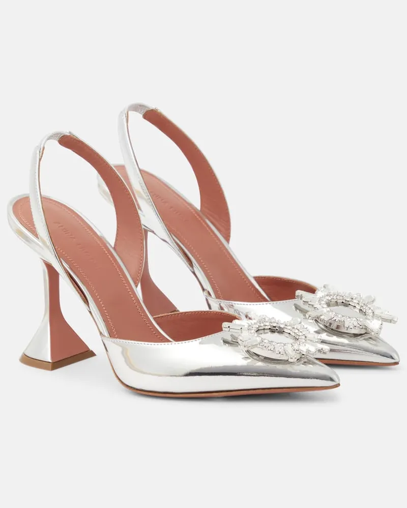 Amina Muaddi Verzierte Slingback-Pumps Begum aus Metallic-Leder Silber