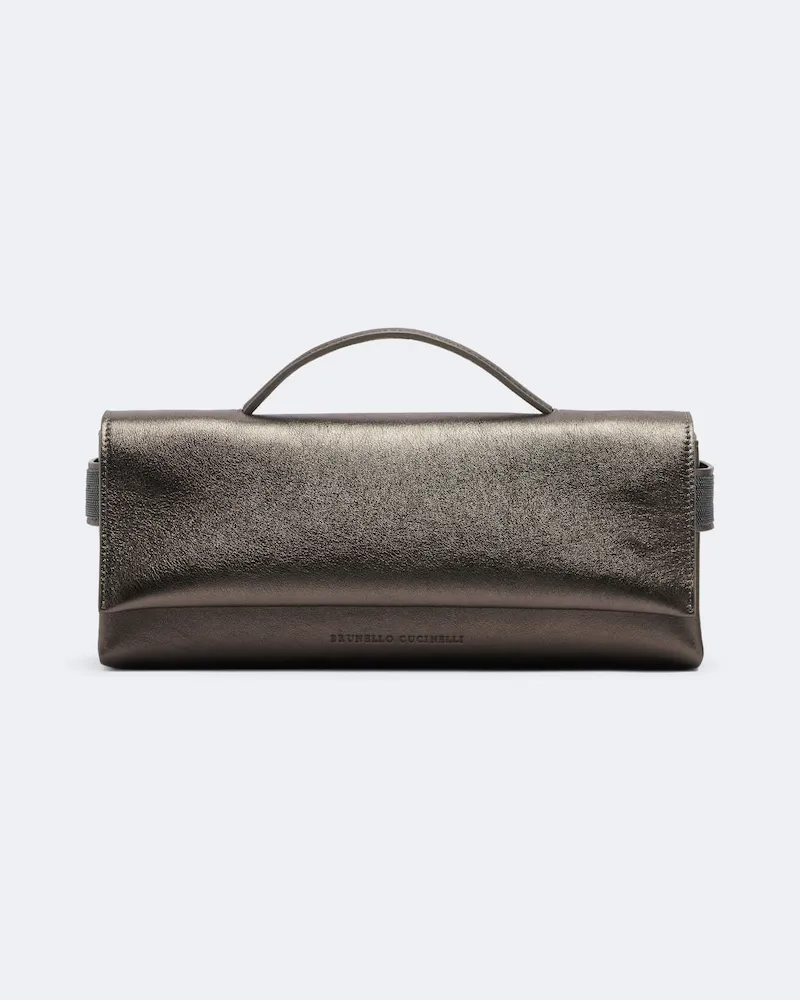 Brunello Cucinelli Henkeltasche Essence aus Metallic-Leder Silber