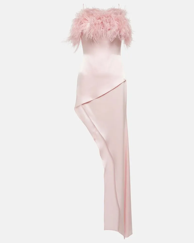 David Koma Midikleid aus Satin mit Federn Rosa