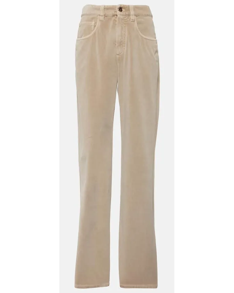 Brunello Cucinelli Gerade Mid-Rise-Hose aus Baumwollsamt Beige
