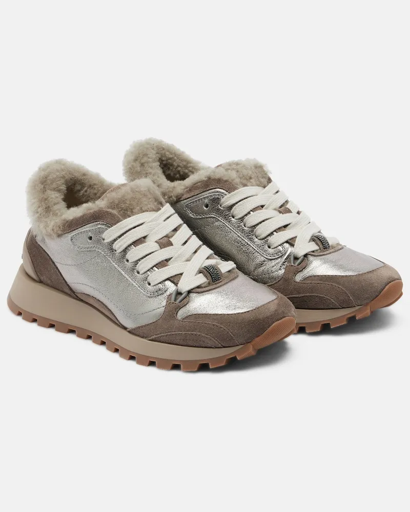 Brunello Cucinelli Sneakers Monili aus Leder mit Shearling Beige