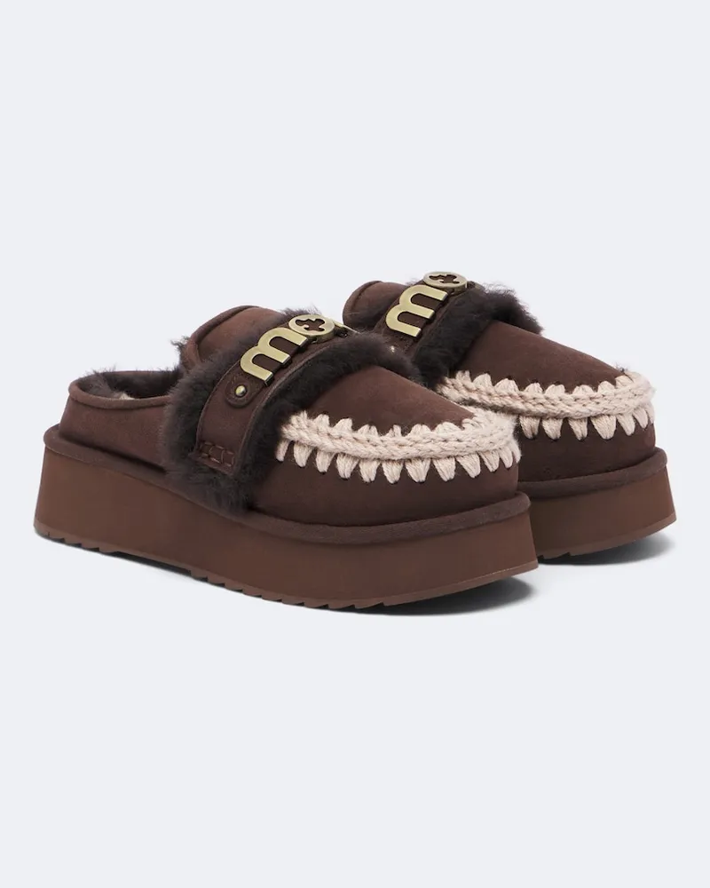 Mou Plateau-Mules aus Veloursleder mit Shearling Braun