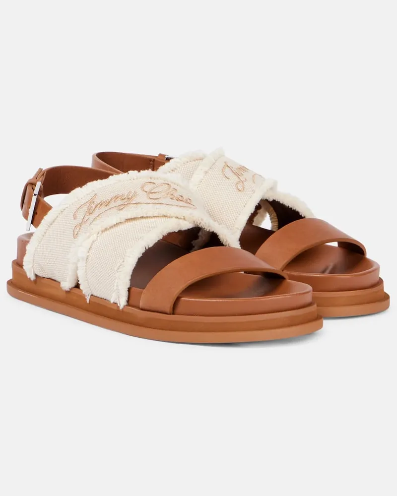 Jimmy Choo Bestickte Sandalen Joa aus Canvas und Leder Nude