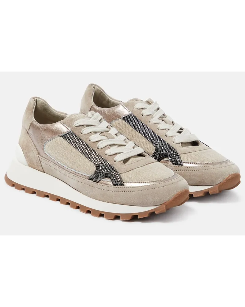 Brunello Cucinelli Verzierte Sneakers mit Veloursleder Braun