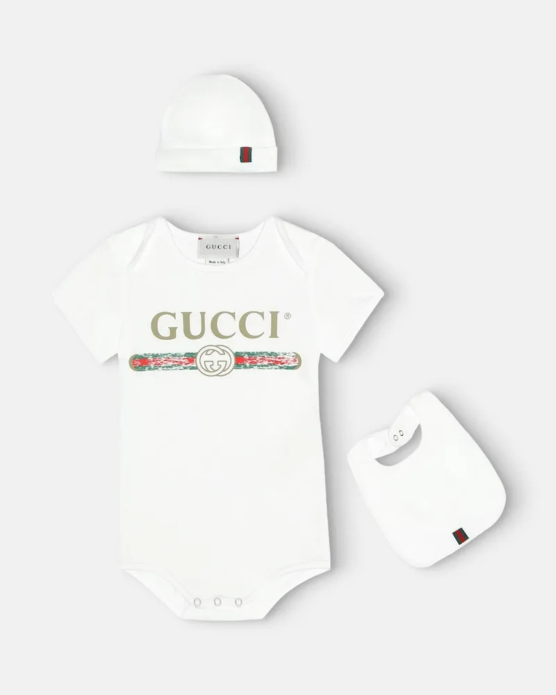 Gucci Baby Set aus Body, Mütze und Lätzchen Weiß