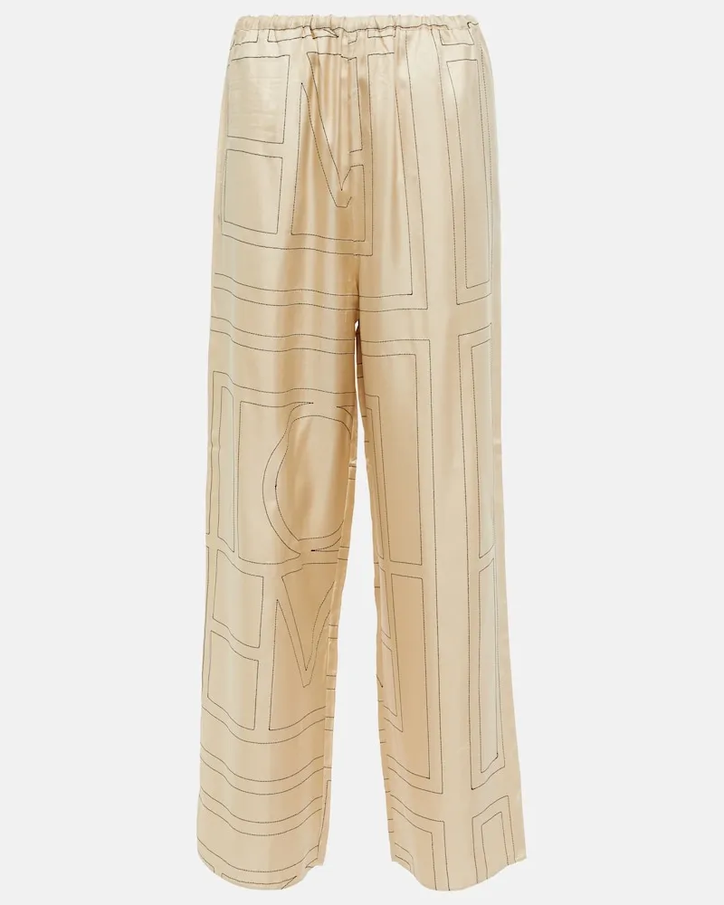 Totême Weite Mid-Rise-Hose aus Seide Beige