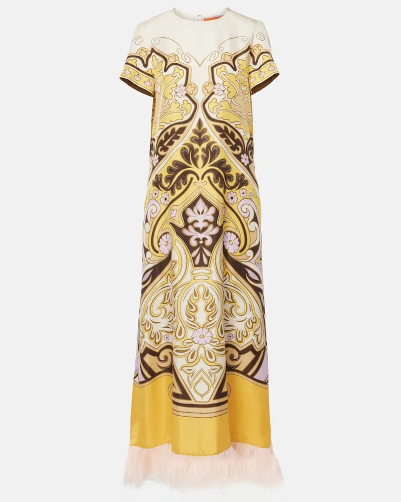 La DoubleJ Bedrucktes Maxikleid aus Seide mit Federn Multicolor
