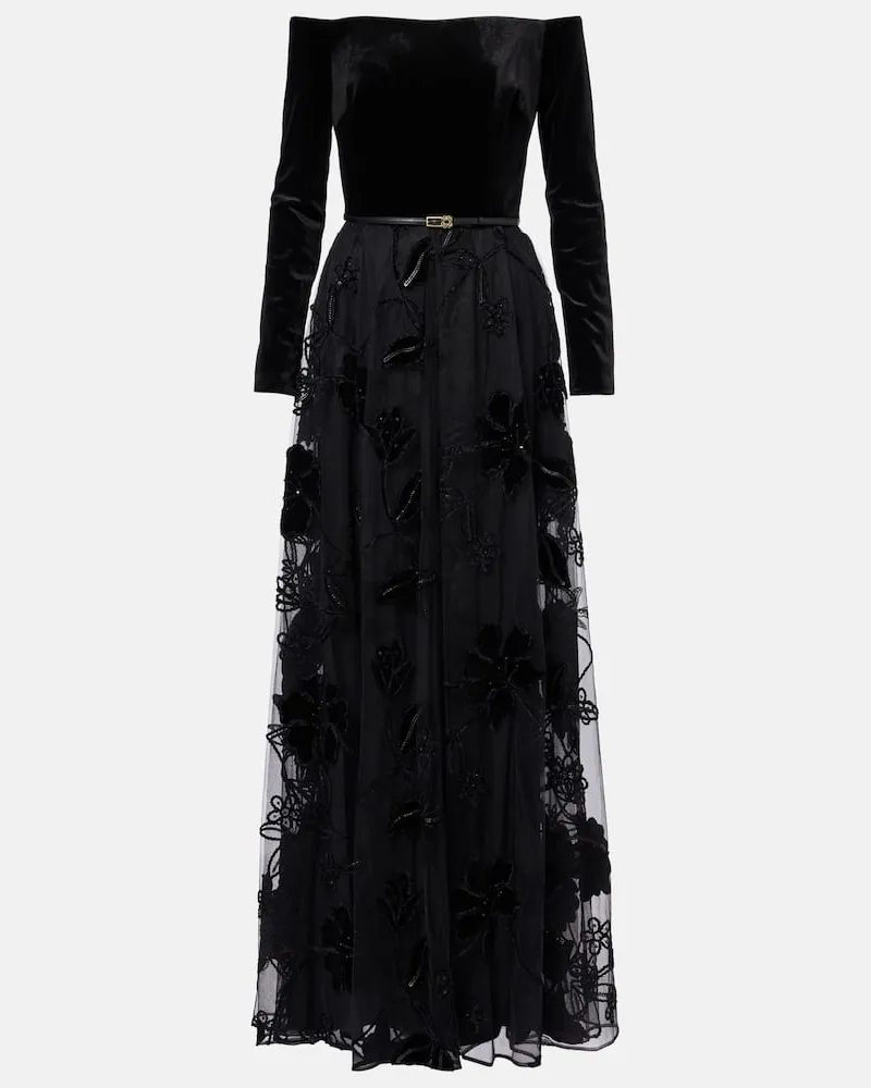 Elie Saab Verzierte Robe aus Samt und Tüll Schwarz