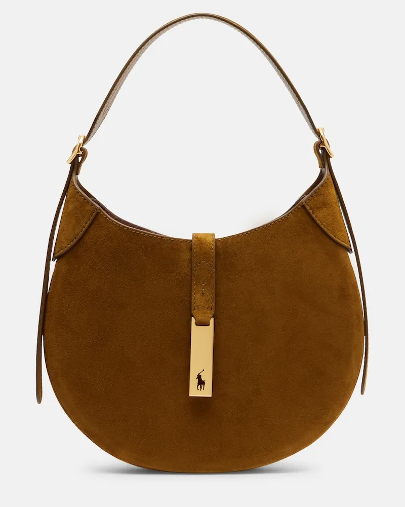 Ralph Lauren Schultertasche Polo ID Small aus Veloursleder Braun