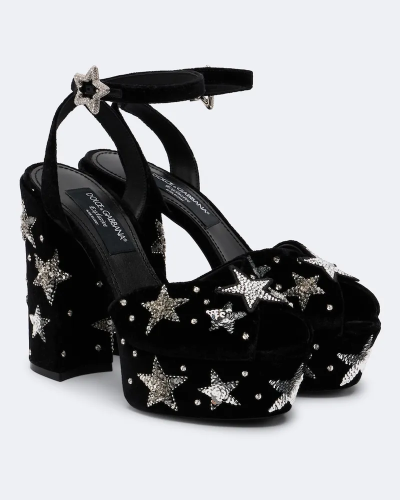 Dolce & Gabbana Verzierte Plateausandalen aus Samt Schwarz