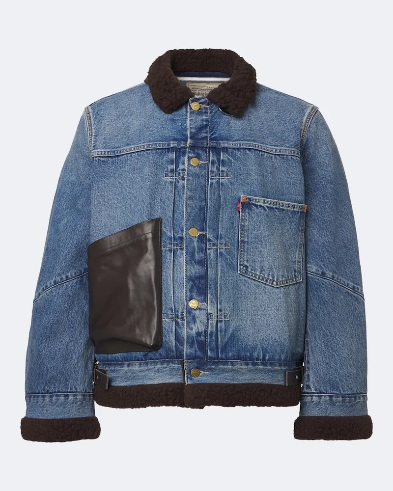 Sacai Jeansjacke mit Leder Blau