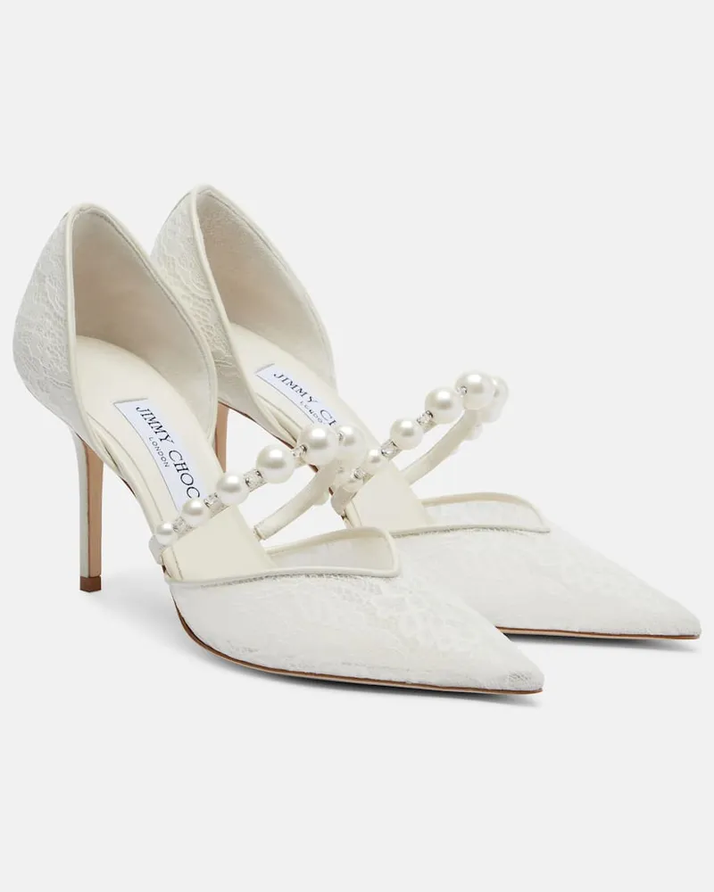 Jimmy Choo Pumps Aurelie aus Satin mit Zierperlen Weiß