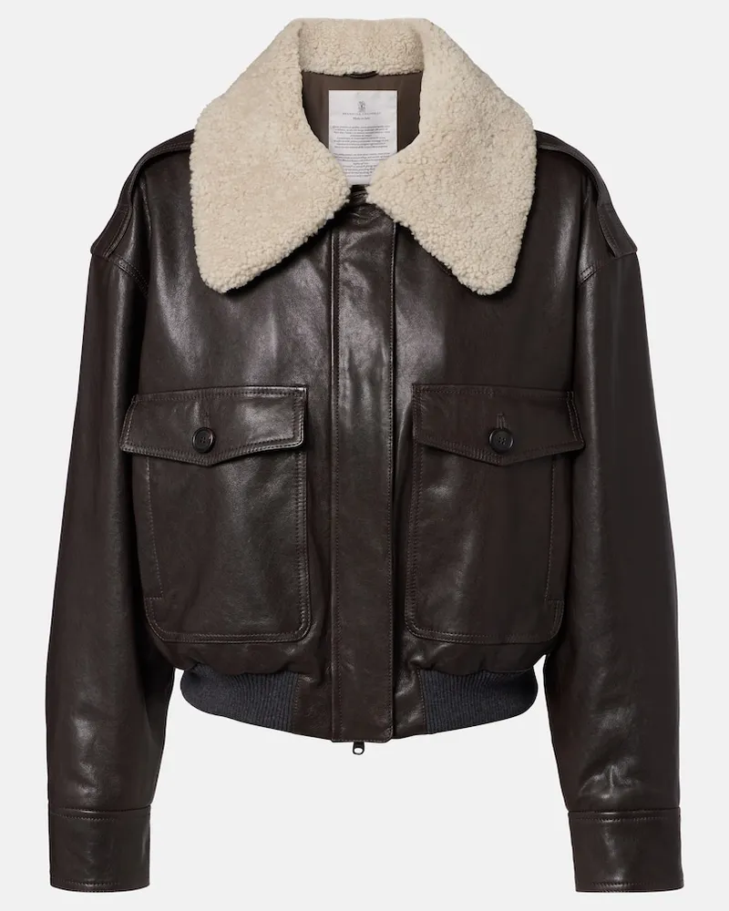 Brunello Cucinelli Bomberjacke aus Leder mit Shearling Braun