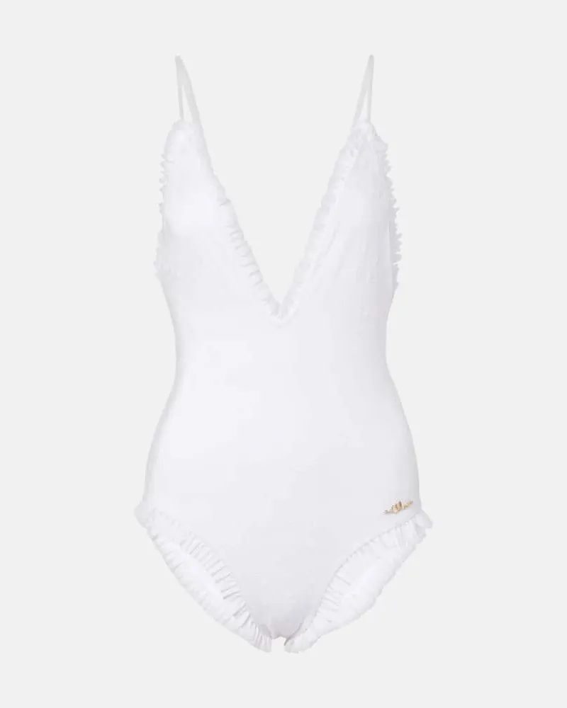 Chloé Chloé Bestickter Badeanzug mit Rüschen Weiß
