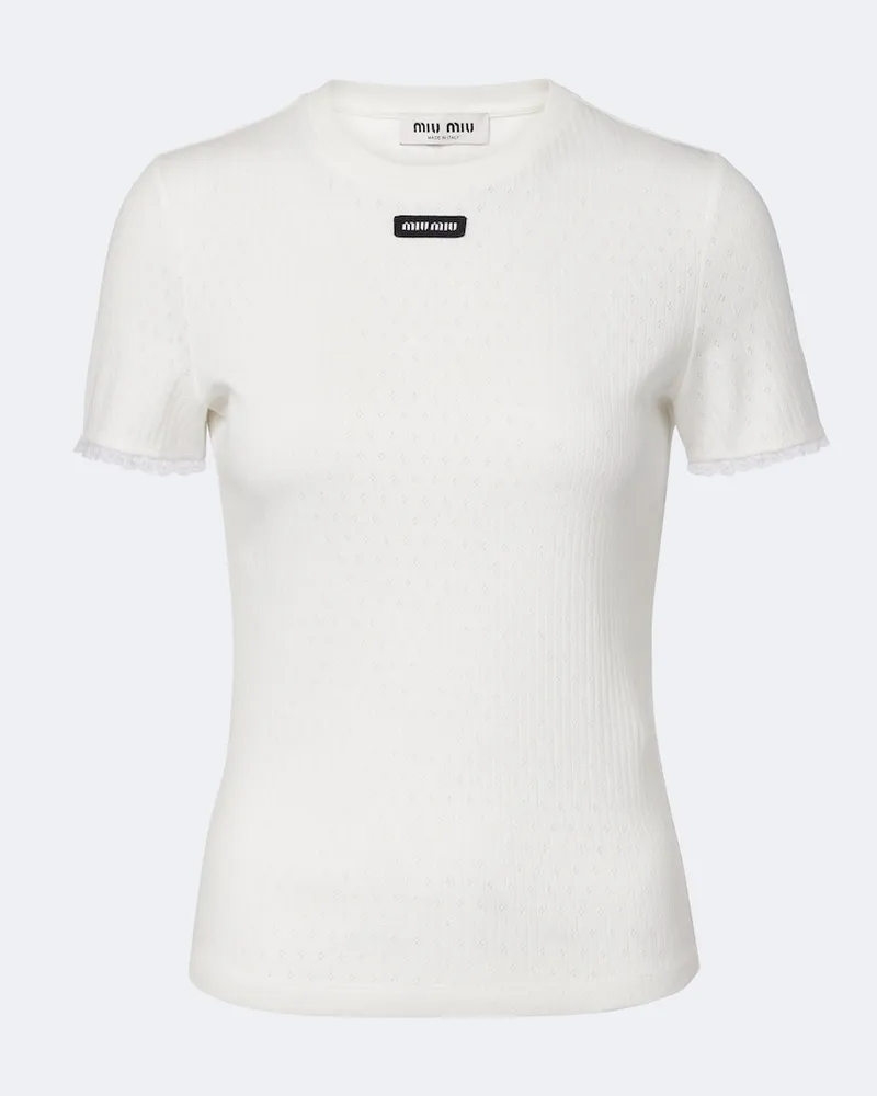 Miu Miu T-Shirt aus Pointelle-Strick mit Spitze Weiß