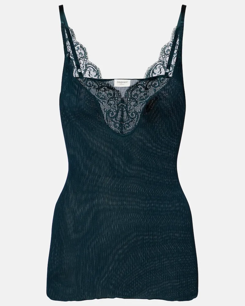 Saint Laurent Tanktop aus Rippstrick aus Seide mit Spitze Grün