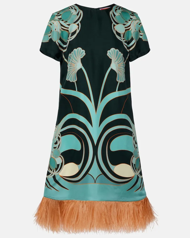 La DoubleJ Minikleid Swing aus Seidentwill mit Federn Grün