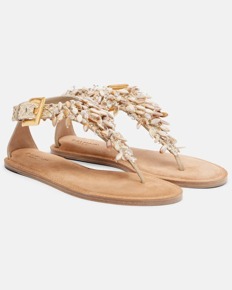 Balmain Verzierte Sandalen aus Veloursleder Beige